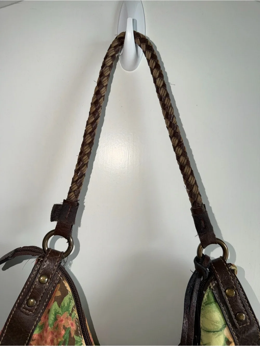 Vintage Fossil Floral Canvas Leather Hobo Bag Braided Strap Boho Y2K Purse